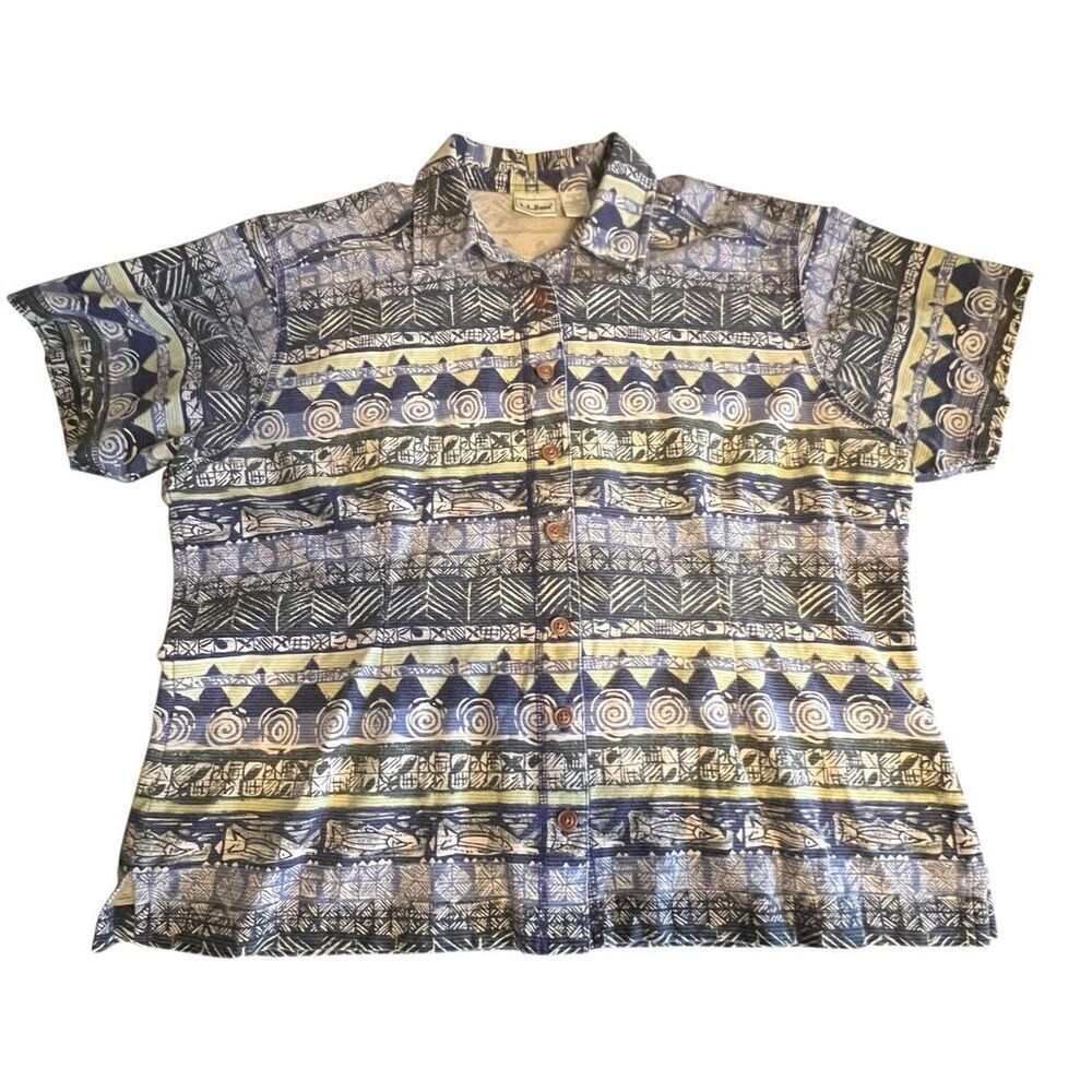 L.L. Bean XL 90s Geometric Print Short Sleeve Button-Up Shirt Outdoor Fishing